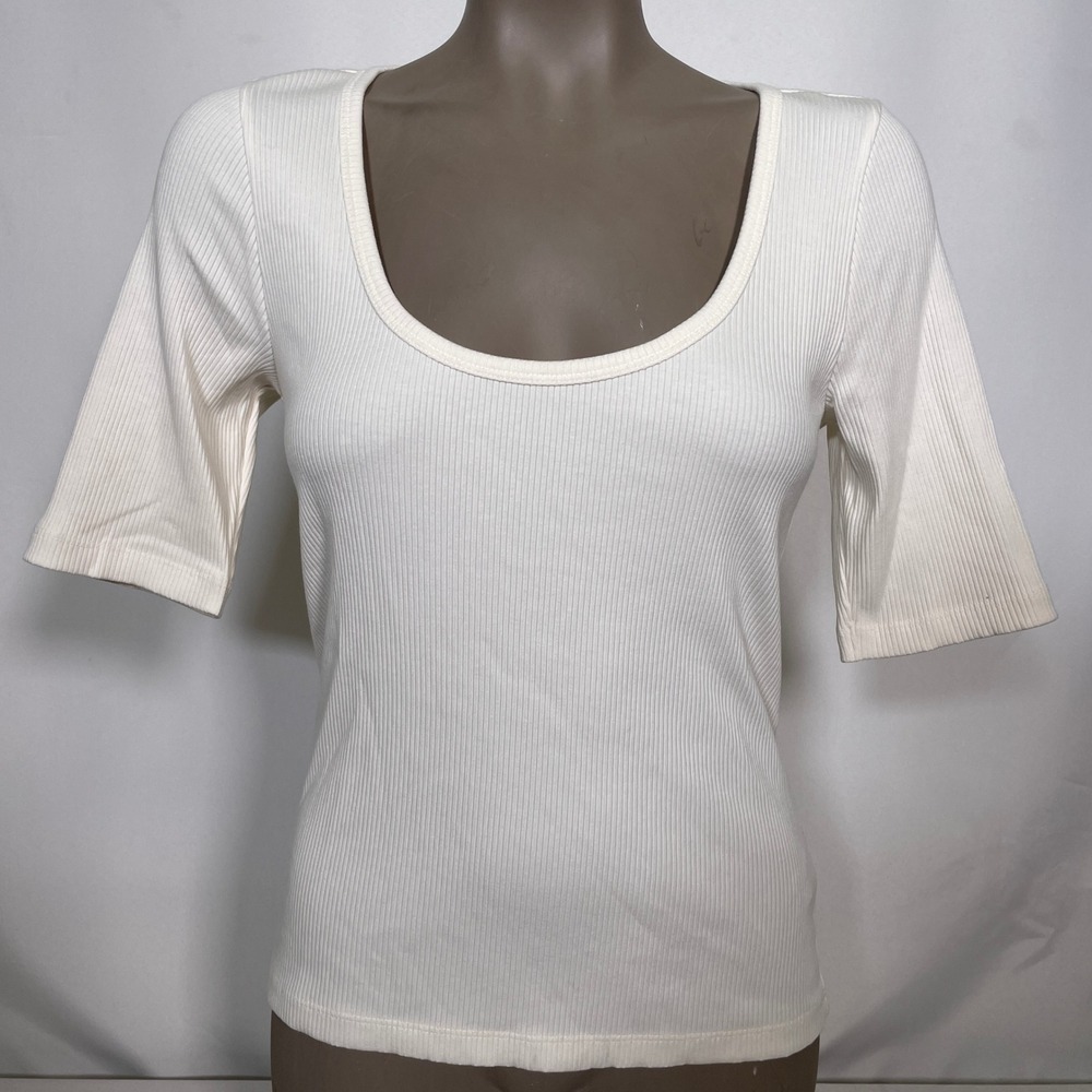 Faherty Freestyle Ribbed Scoop Neck Elbow Sleeve Cream White Top Women's LARGE